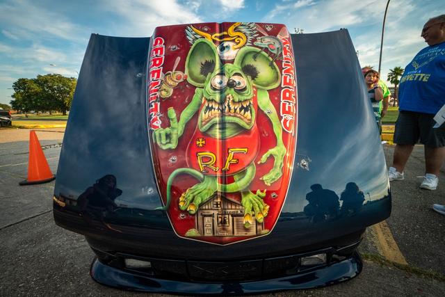 Custom Rat Fink artwork painted on the hood of a lowered Chevy S10