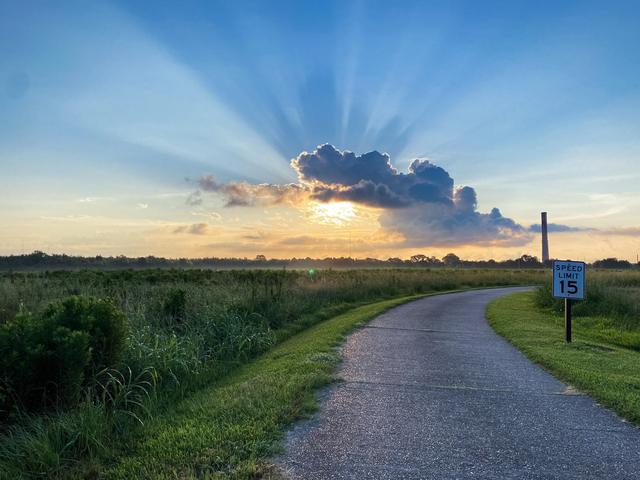Sun rays bursting from clouds over a winding path through green fields